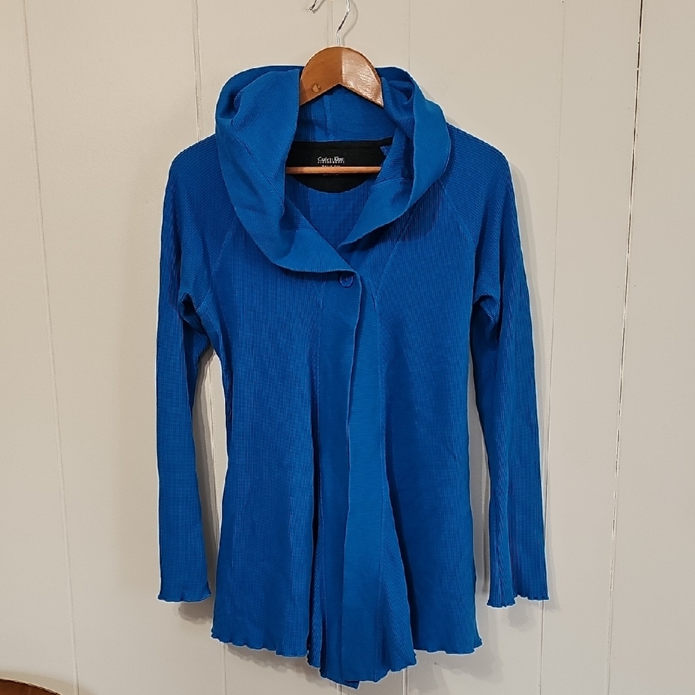 Calvin Klein Thermal Blue Hooded Cardigan Womens M Asymmetrical Hemline EUC Y2K